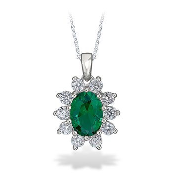 Sterling silver, cubic zirconia, and synthetic emerald oval fashion pendant