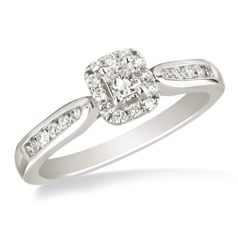 White gold, radiant-cut and round diamond halo engagement ring