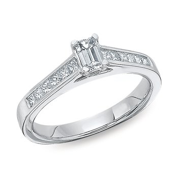 White gold, emerald-cut diamond engagement ring with channel-set diamond shank