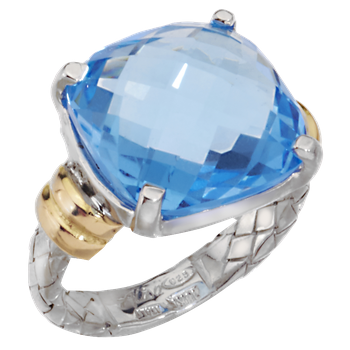 VHR 931 FBT Sterling Traversa Band Ring with Yellow Gold Rondelles & Large Cushion Blue Topaz