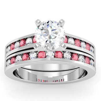 Channel set Ruby and Diamond Engagement Ring with Matching Wedding Band