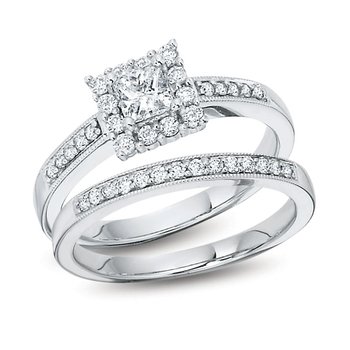 White gold, princess diamond halo beaded bridal set
