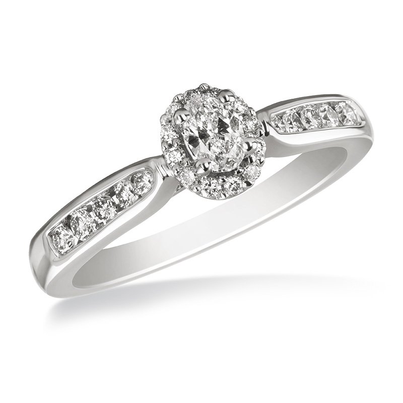 White gold, oval and round diamond halo engagement ring