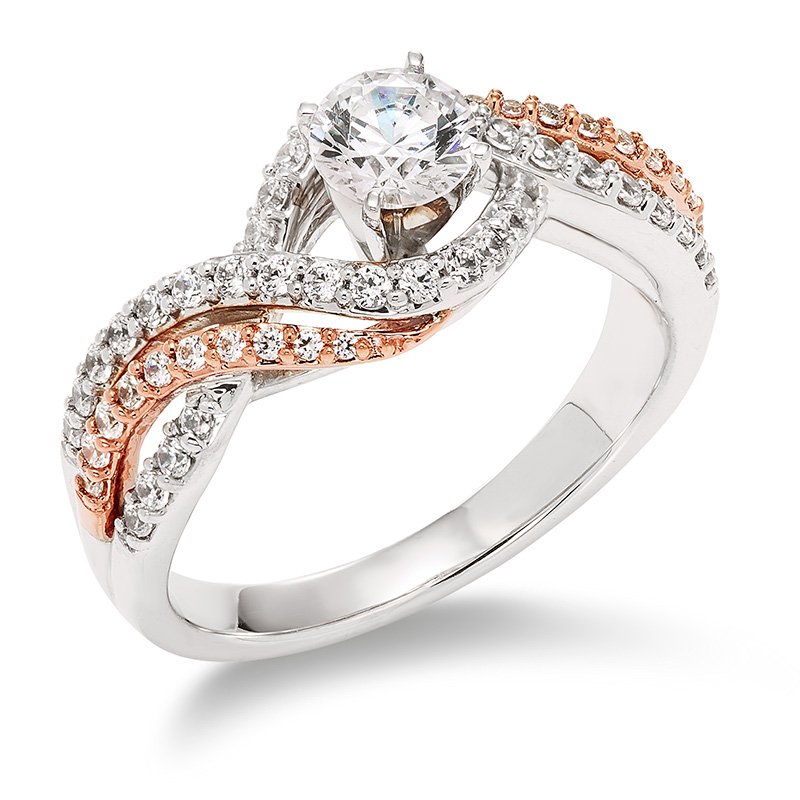 White gold, round diamond engagement ring with rose gold and crossed shank