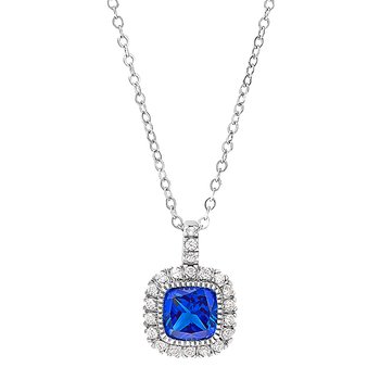 Sterling silver and cushion-cut simulated sapphire pendant with simulated diamonds