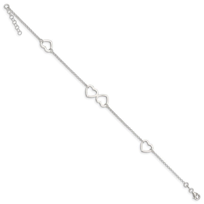 Sterling Silver Polished Heart W/ 1in Ext Anklet 