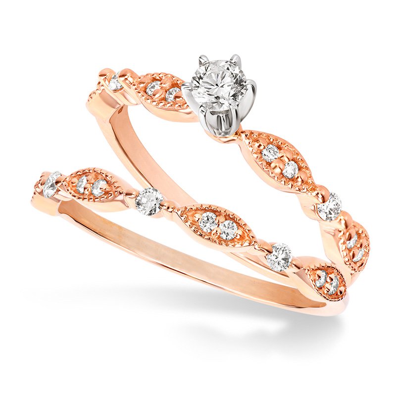Rose gold, vintage-inspired diamond bridal set