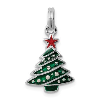 Sterling Silver Rhodium-platedEnamel Christmas Tree Charm