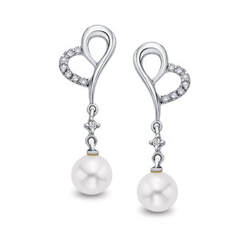 White gold, diamond heart and pearl dangle earrings