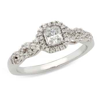 White gold and radiant diamond halo engagement ring