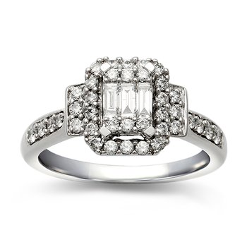 White gold, straight baguette and round diamond engagement ring