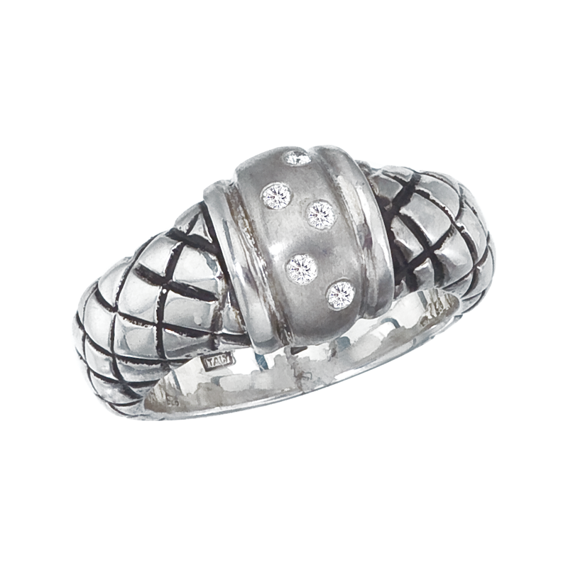 Alisa VHR 865 D Sterling Traversa Dome Ring With Shiny Center, Scattered Diamonds