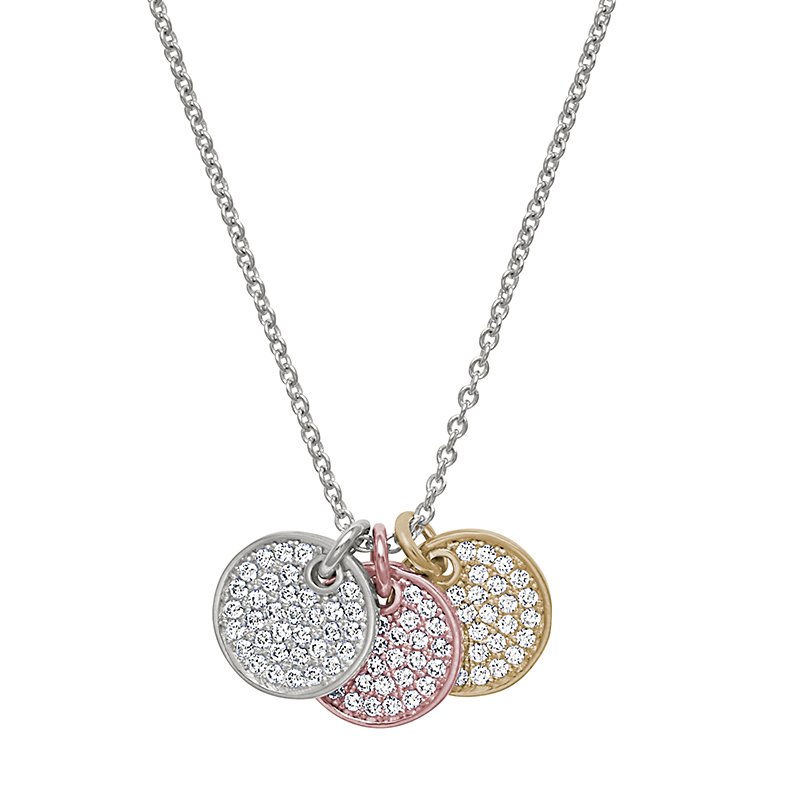 Tri-color, 3-Circle pendant necklace with simulated diamonds