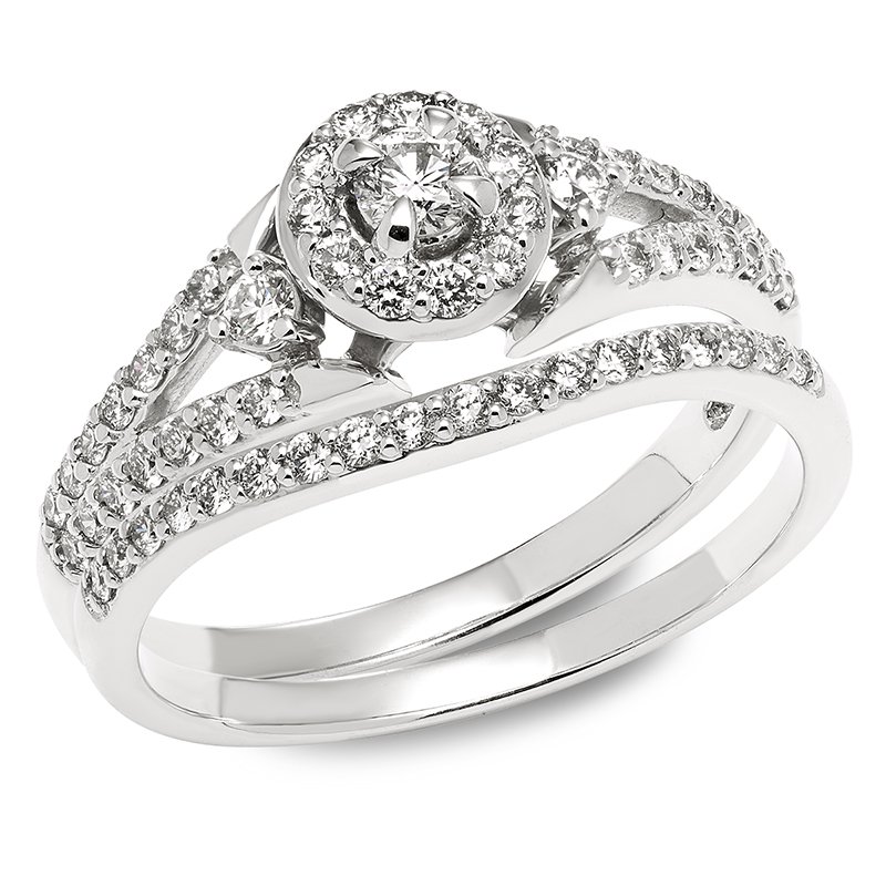 White gold, round diamond halo bridal set