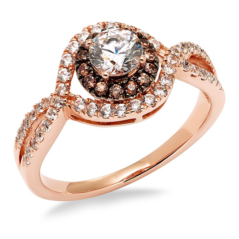 Rose gold, round white diamond and caramel diamond halo fashion ring