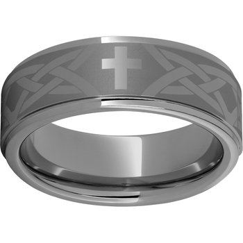 Rugged Tungsten™ 8mm Flat Grooved Edge Band with Cross Knot Laser Engraving