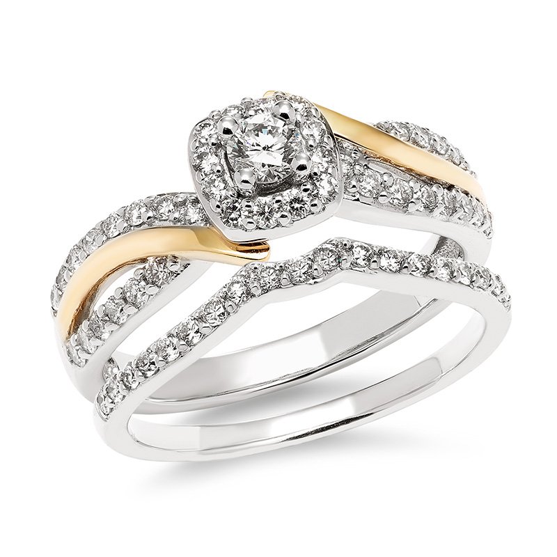 Two-tone gold, princess-cut diamond halo bridal set