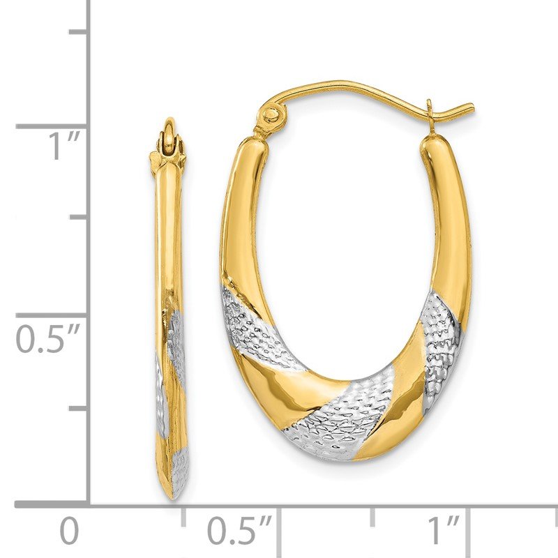 14K Gold & Rhodium Textured Hollow Oval Hoop Earrings 0.98 in x 0.79 in 