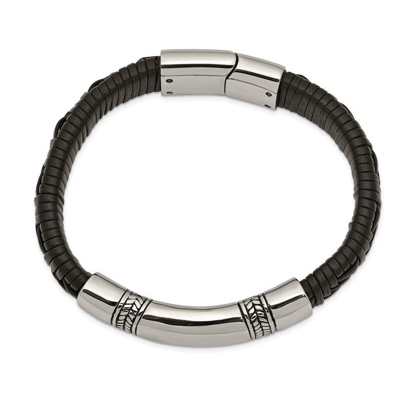 Stainless Steel Black Leather 8.25in Bracelet 