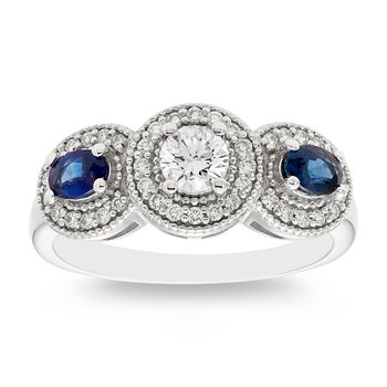 White gold, oval sapphire and diamond 3-stone ring