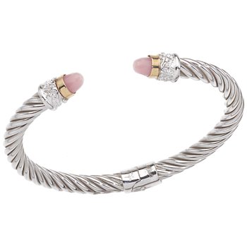 AO 12-952 FPO Yellow Gold Bezel Set Faceted Pink Opal cabochons Twisted Cable Sterling Spring Cuff Bracelet