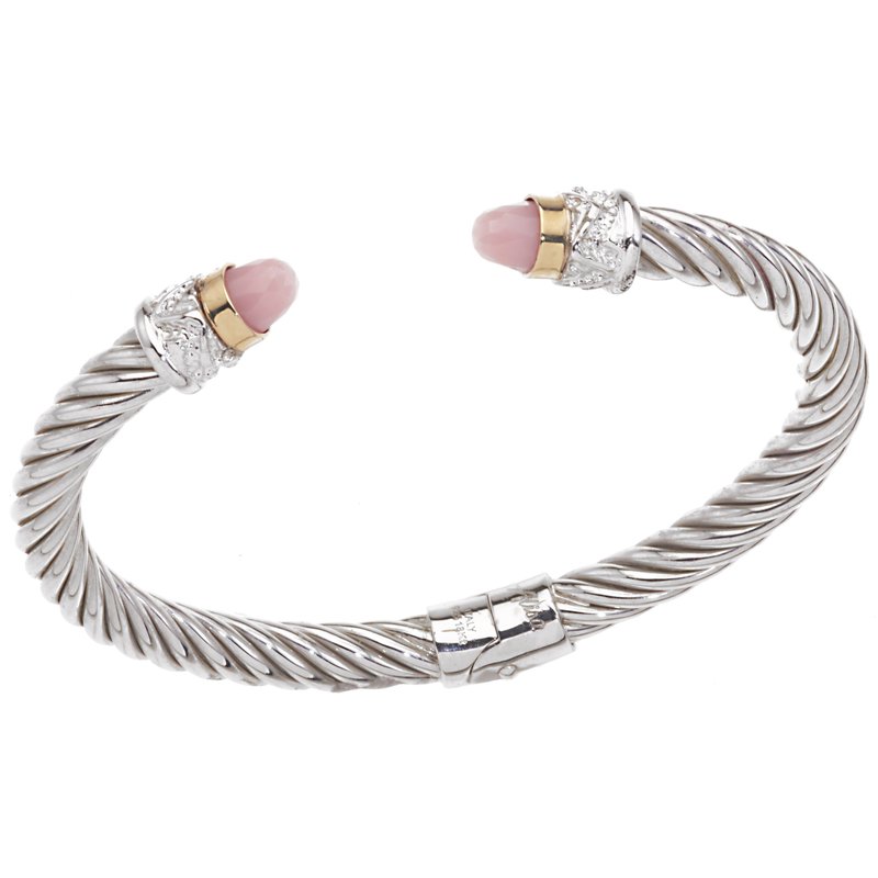 Alisa AO 12-952 FPO Yellow Gold Bezel Set Faceted Pink Opal cabochons Twisted Cable Sterling Spring Cuff Bracelet AO 12-952 FPO