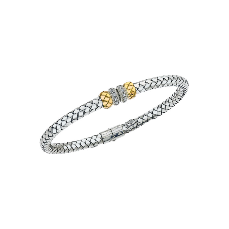Alisa VHB 1450 D Double Yellow Gold Traversa & Diamond Rondelles Sterling Traversa Spring Bangle Bracelet