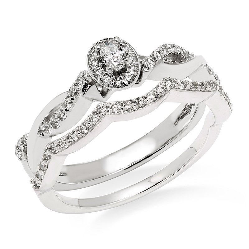 White gold, oval diamond halo bridal set