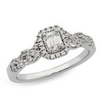 White gold, emerald-cut  diamond halo bridal set