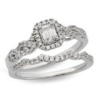 White gold, emerald-cut  diamond halo bridal set