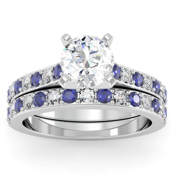 Pave Blue Sapphire & Diamond Cathedral Engagement Ring with Matching Wedding Band
