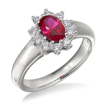 Sterling silver, cubic zirconia, and synthetic ruby oval fashion ring