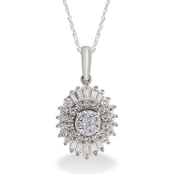 Ballerina-style white gold pendant with baguette and round diamonds