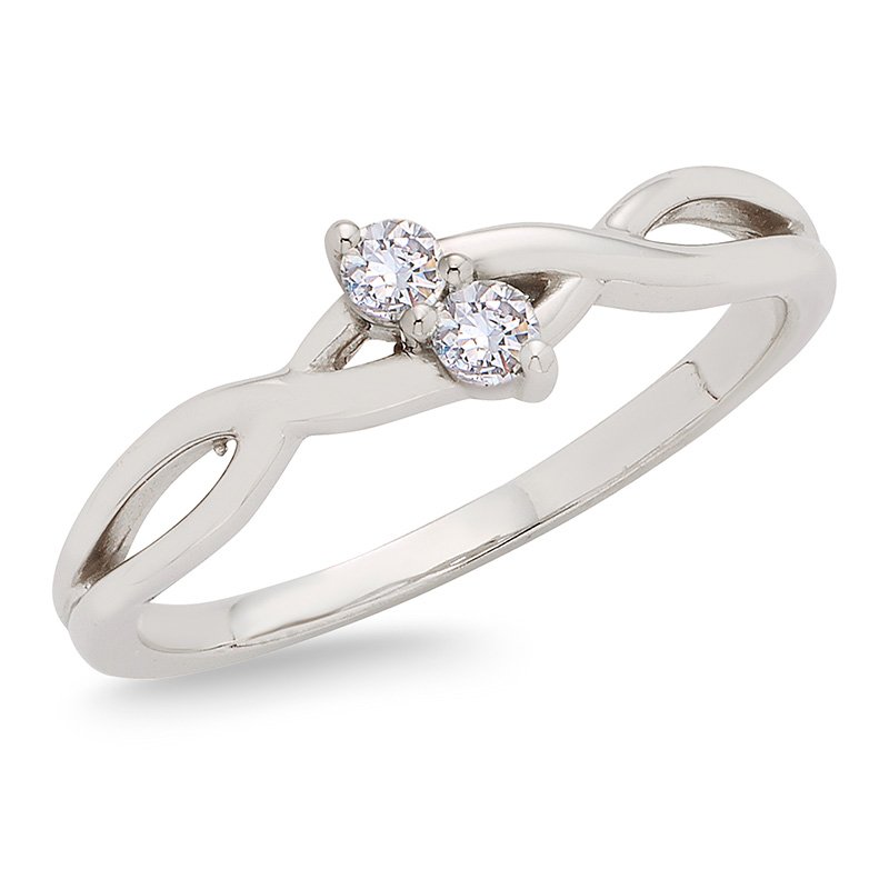 White gold, petite 2-stone diamond ring with split shank