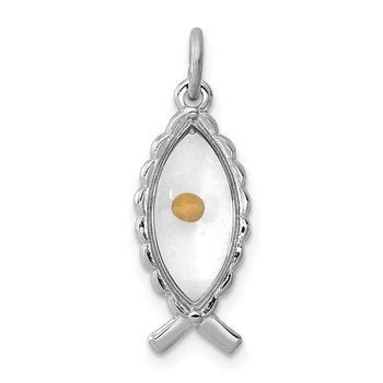 Sterling Silver Rhodium-plated Epoxy Ichthus w/Mustard Seed Pendant