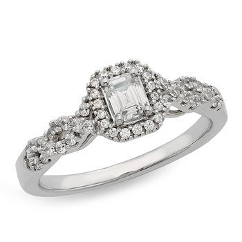 White gold, emerald-cut  diamond halo engagement ring