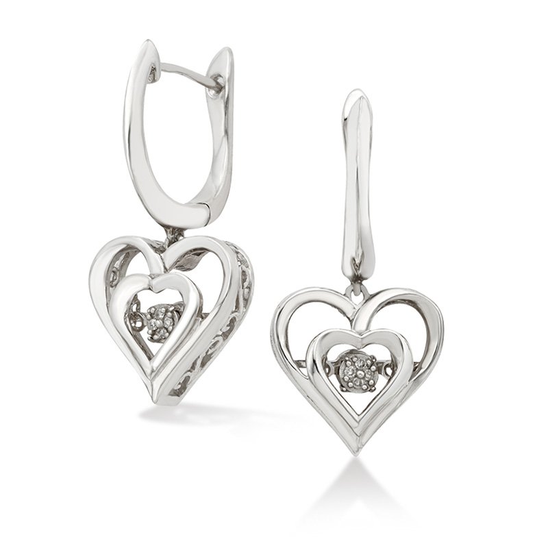 Sterling silver,  twinkling diamond heart dangle earrings