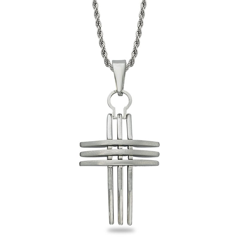 Stainless Steel, 3-stripe design cross pendant