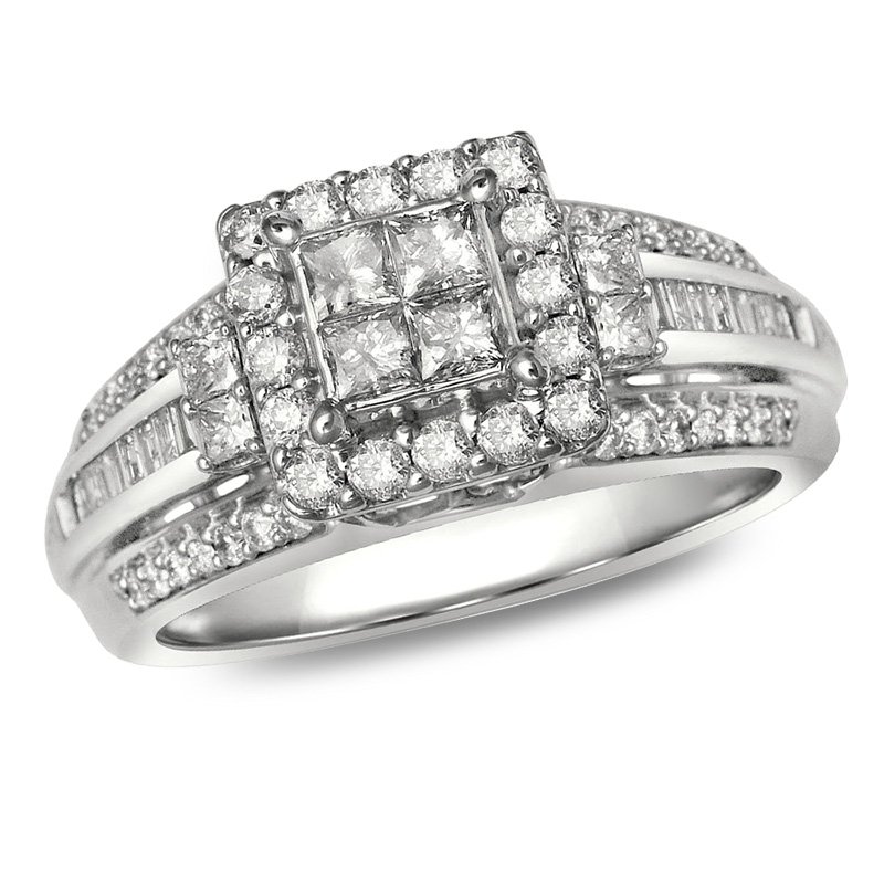 White gold, princess, baguette and round diamond halo engagement ring
