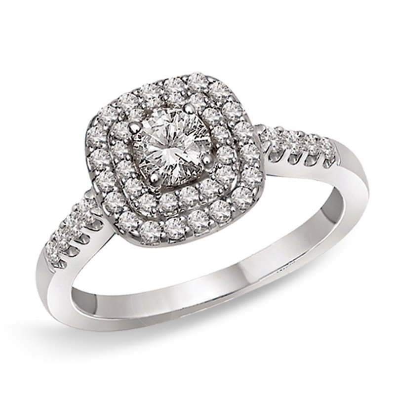 White gold, round double diamond halo engagement ring