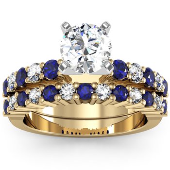 Round Diamond & Blue Sapphire Engagement Ring with Matching Wedding Band