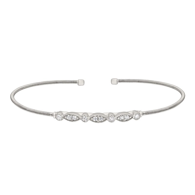 Sterling silver marquise-shape cable cuff bracelet with simulated diamonds 