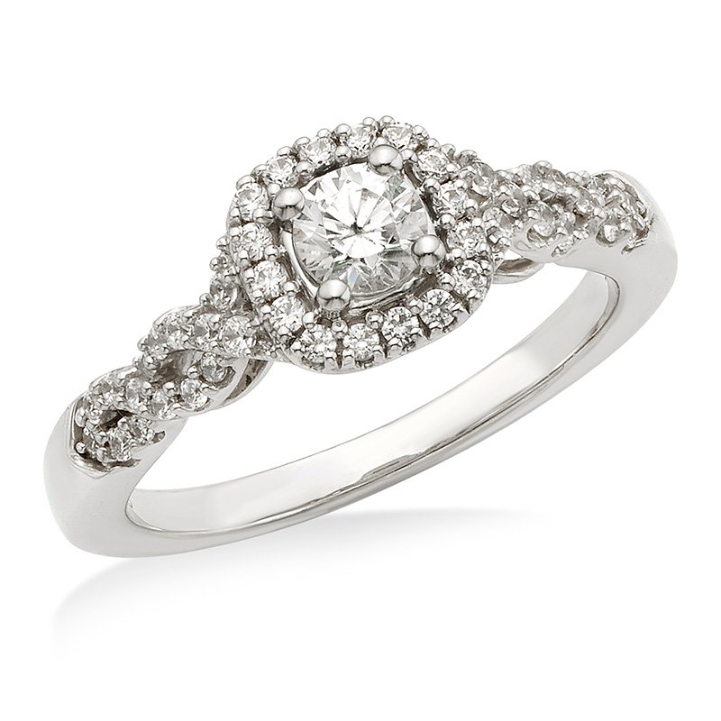 White gold and diamond round halo engagement ring