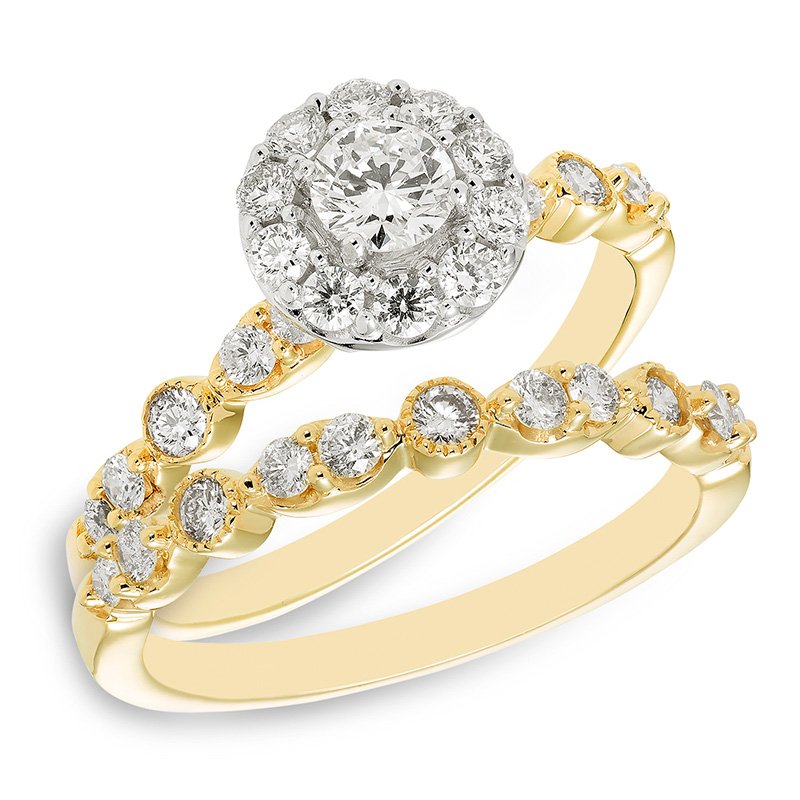 Whitney: Two-tone gold, vintage-inspired round diamond halo bridal set