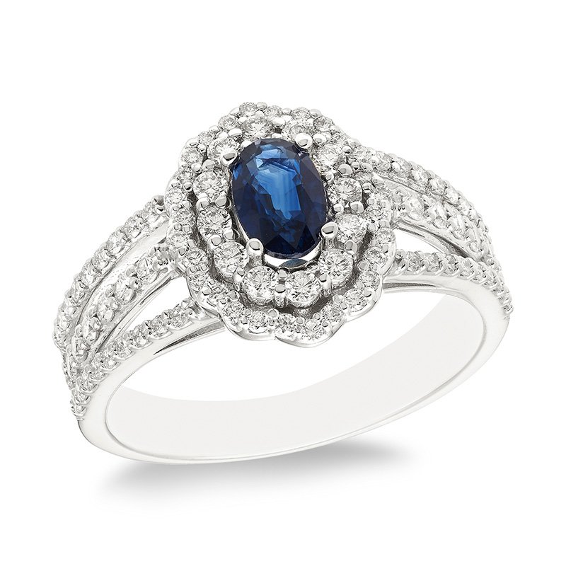 White gold, oval genuine sapphire and double-halo diamond ring