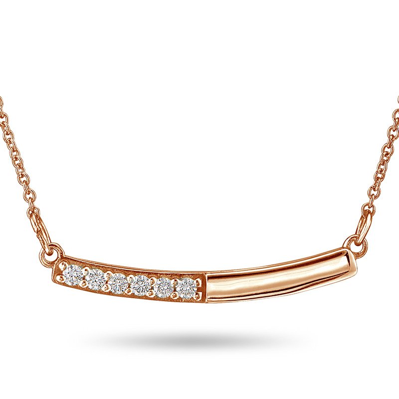 Rose gold and round diamond curved bar necklace