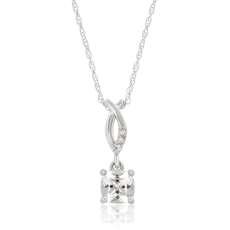 White gold, cushion-cut created white sapphire and diamond pendant