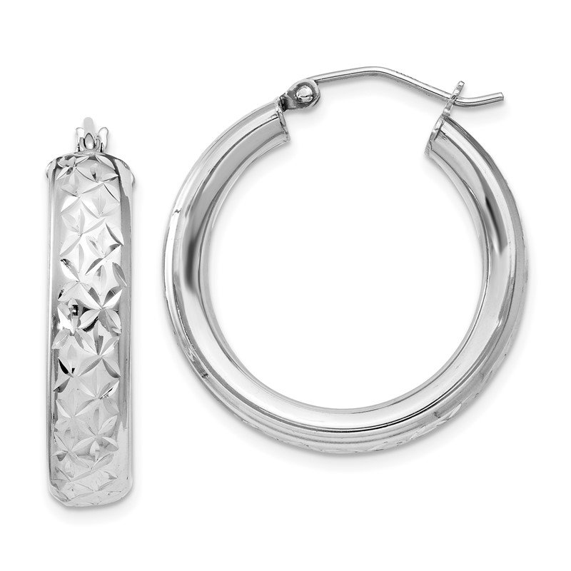 Sterling Silver Rhodium Plated Diamond Cut Hoop Earrings 