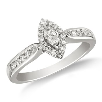 White gold, marquise-cut and round diamond halo engagement ring