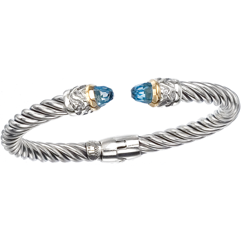 AO 12-952 FBT Yellow Gold Bezel Set Faceted Blue Topaz cabochons Twisted Cable Sterling Spring Cuff Bracelet AO 12-952 FBT